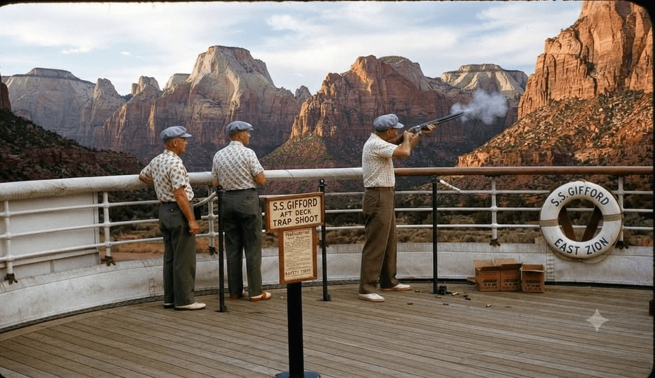 S.S. Gifford aft-deck trap shoot at East Zion, with shooters on a wooden deck overlooking red-rock cliffs